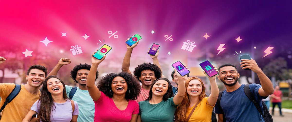 Jovens estagiários celebrando benefícios